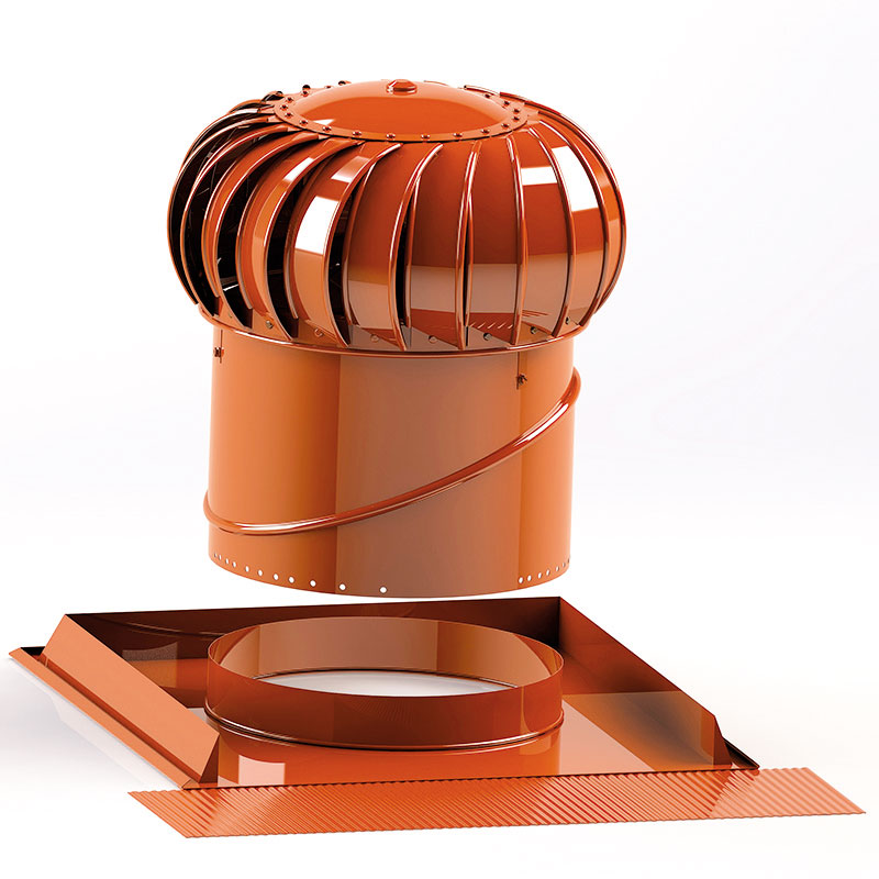 Obr. 6 Ventilační turbína Lomanco BIB14 vyniká nejvyšším výkonem z nabízených hlavic. V setu lze zakoupit hlavici i s krkem a plochou základnou v přírodním hliníkovém provedení, s barevnou povrchovou úpravou (hnědá, černá) nebo v bronzově hnědé.