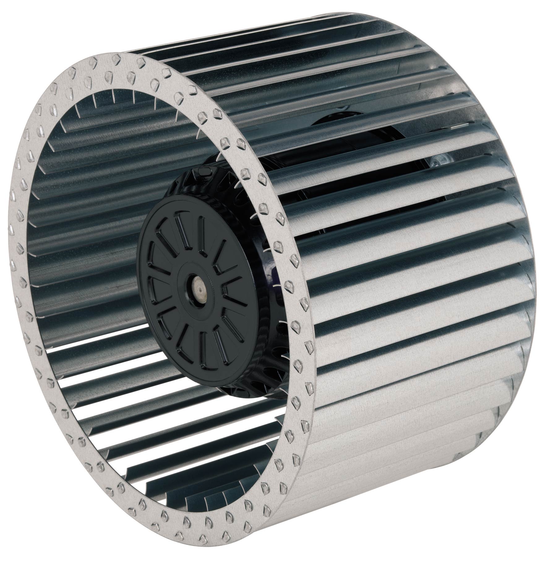 Obr. 1 Radiální ventilátor se zahnutými lopatkami dopředu bez spirální skříně a se spirální skříní
