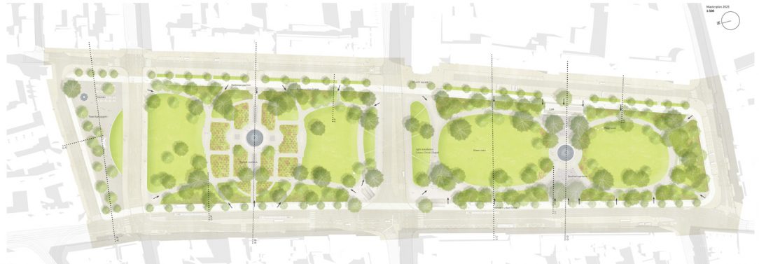 Citlivá obnova parku v centru města bude doplněna o promenádu kavárnu hřiště a trhy