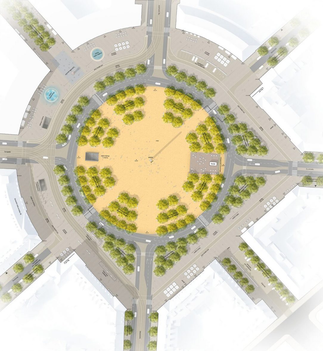 V návrhu tramvajová trať již neprotíná náměstí ale střed nově objíždí po jeho západní straně