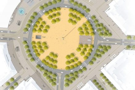 V návrhu tramvajová trať již neprotíná náměstí ale střed nově objíždí po jeho západní straně