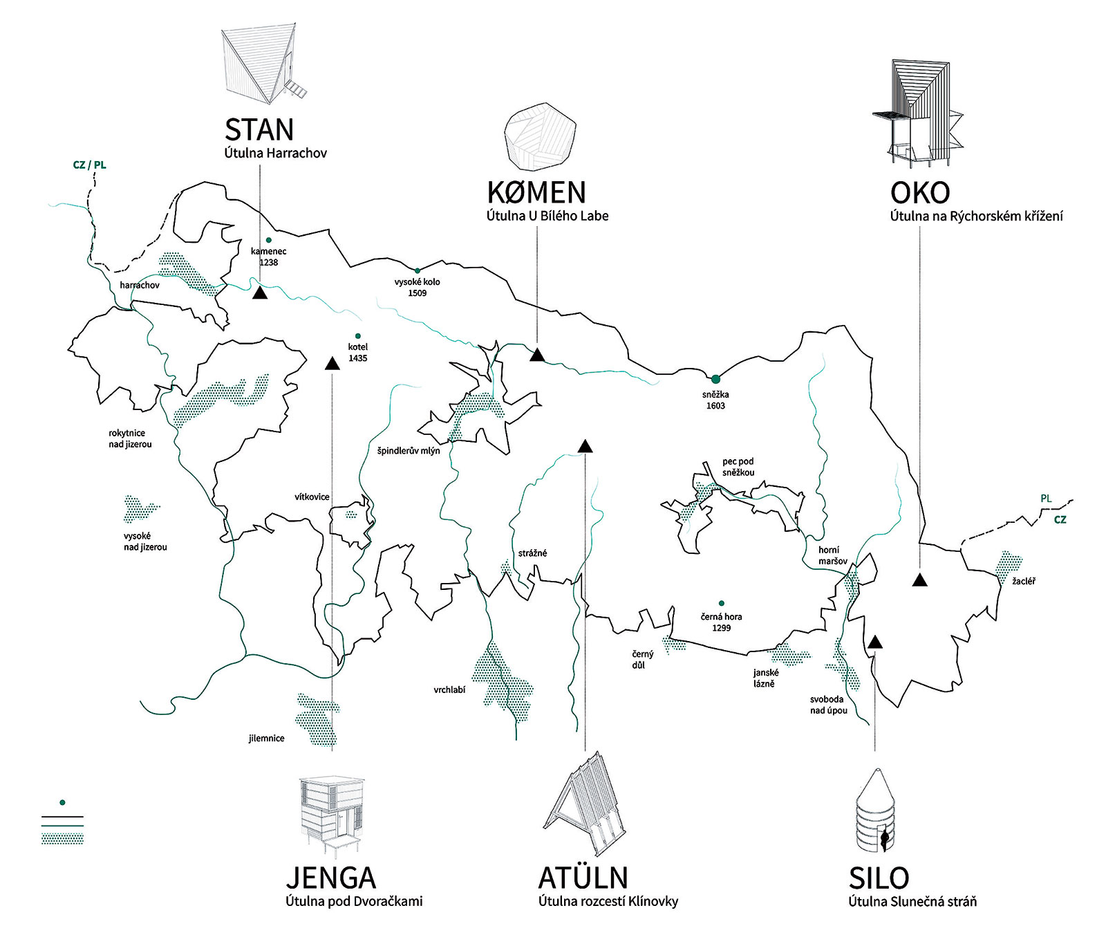 Mapa krkonošských útulen