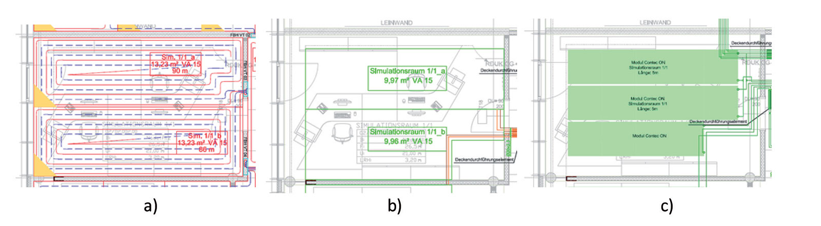 Obr. 1 a Podlahové vytápění b tepelná aktivace betonového jádra c stropní sálavé vytápění v referenční kanceláři.