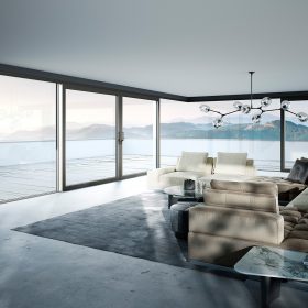 Celoskleněné rohové řešení zdvižně-posuvného systému heroal S 77 SL v barevných odstínech Les Couleurs® Le Corbusier splní beze zbytku Váš požadavek na větší míru průhlednosti a vytvoří architektonické akcenty. Foto: heroal