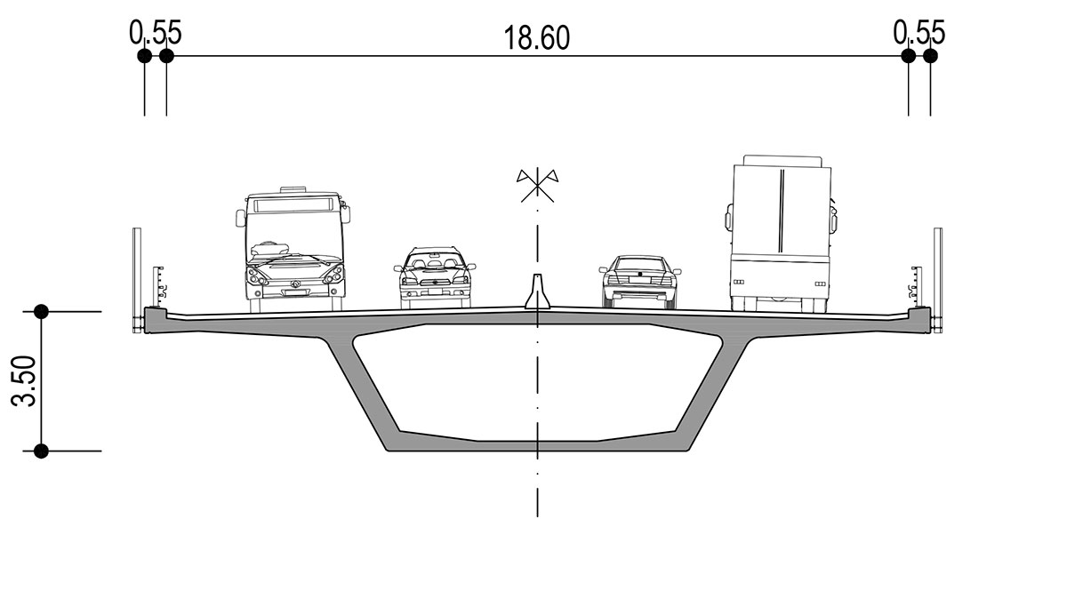 Obr. 8 Příčný řez nosnou konstrukcí v poli.