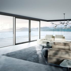 90 stupňové rohové řešení s celoskleněným rohem zdvižně posuvného systému heroal S 77 SL v barevném odstínu Les Couleurs® Le Corbusier 4320H gris 59 splní bezmezně Váš požadavek na větší míru průhlednosti a zajistí dokonalou harmonii. Foto: heroal