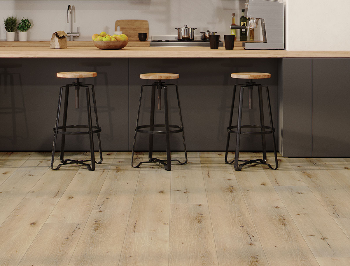Podlahy SPC Arbiton jsou 100 voděodolné takže lze propojit podlahu v kuchyni s obývacím pokojem v duchu trendu otevřených interiérů