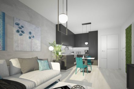 Návrh interiéru otevřený prostor propojující obývací pokoj a kuchyni DEHO