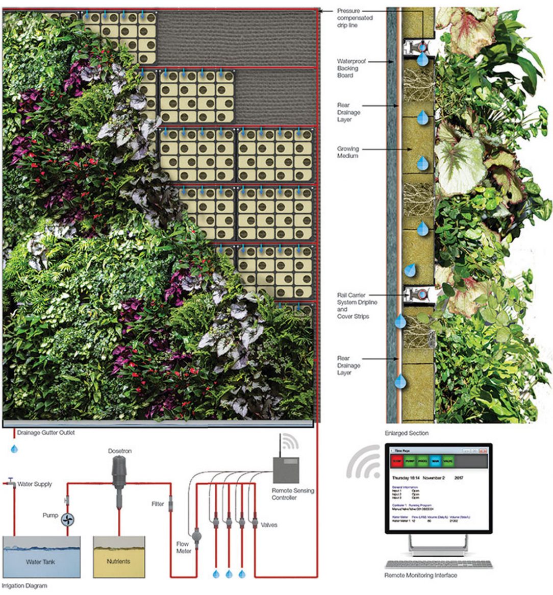 Systém zavlažování zelené stěny Regal House od firmy Biotecture.
