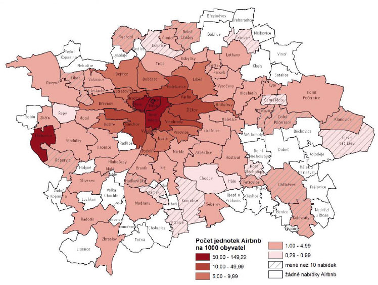 Počet jednotek nabízených prostřednictvím Airbnb v přepočtu na 1 000 obyvatel