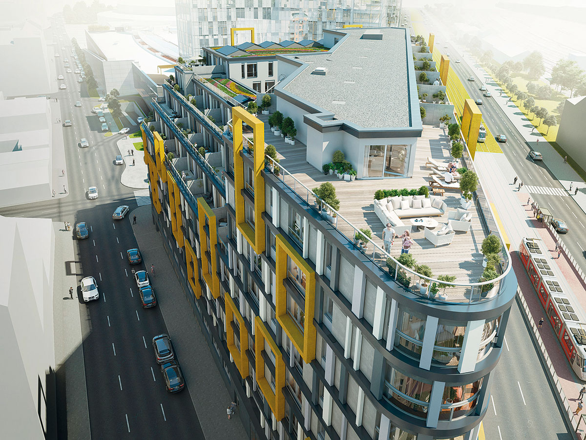 Nejvyšší prémiové byty mají terasy vysoko nad ruchem ulice.