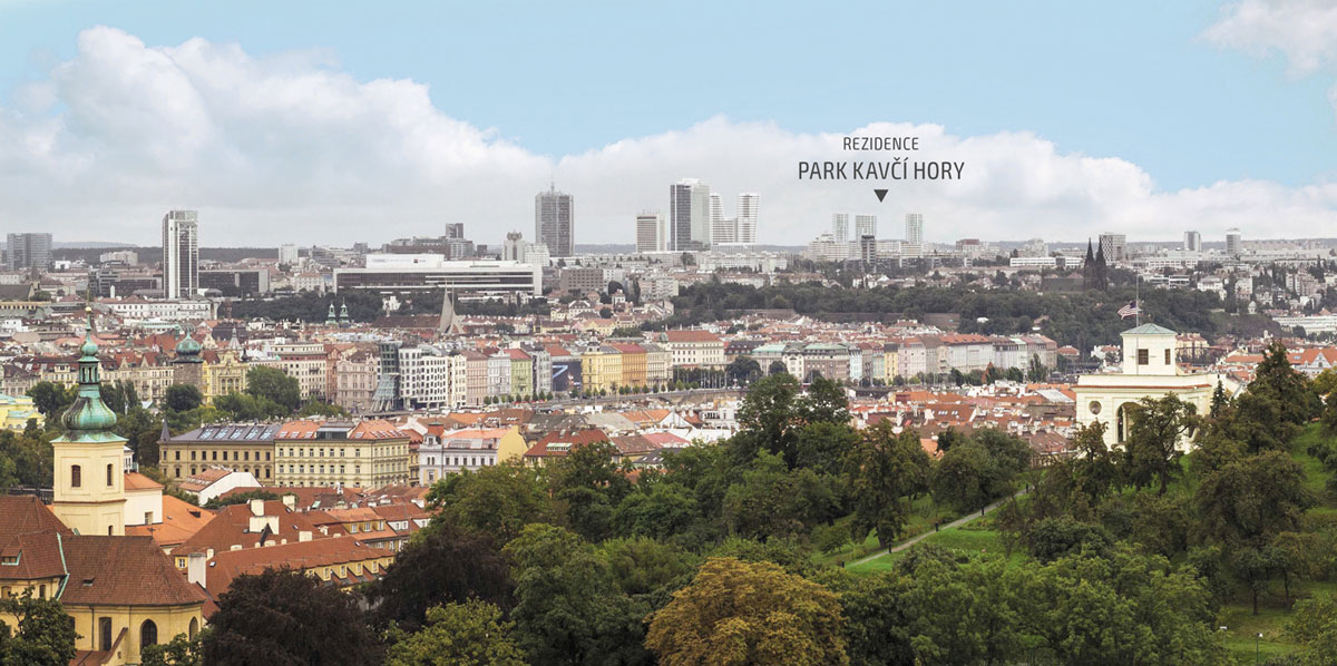 Pohled z rampy Pražského hradu na připravovaný projekt Park Kavčí Hory na Pankráci