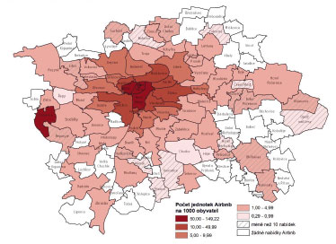 Počet jednotek nabízených prostřednictvím Airbnb v přepočtu na 1 000 obyvatel