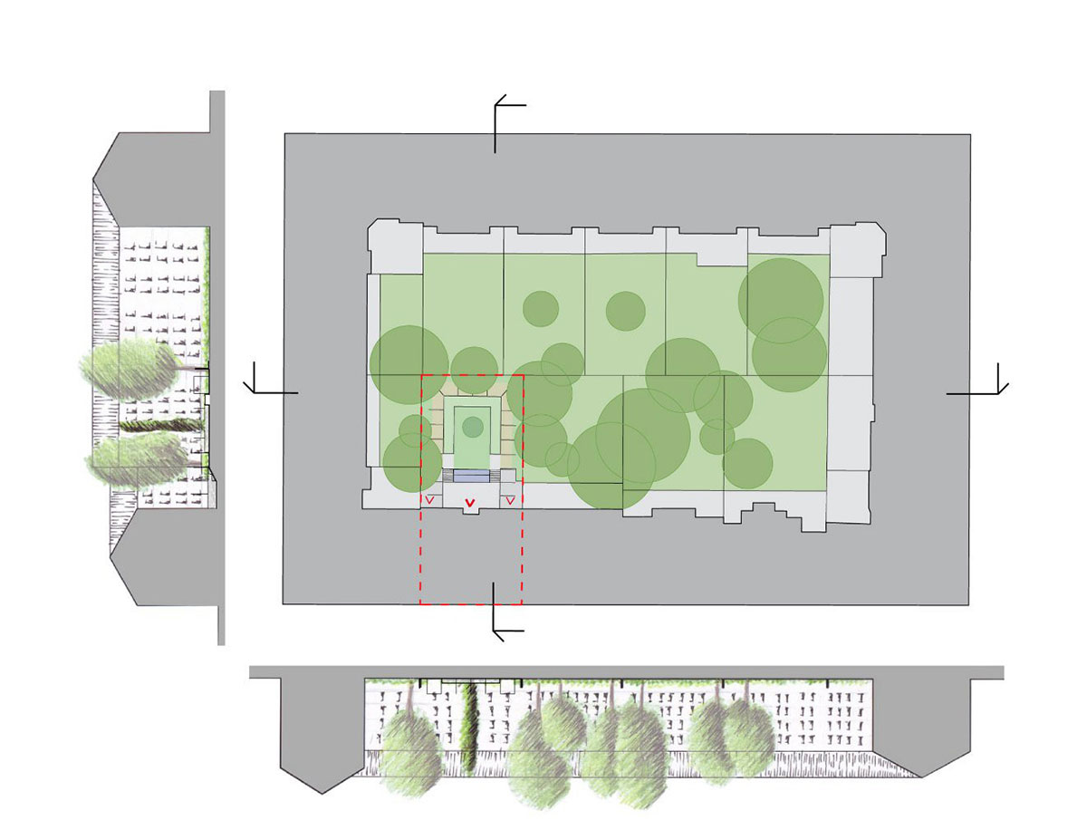 Umístění zahrady v rámci vnitrobloku a boční pohledy do zeleně ostatních parcel