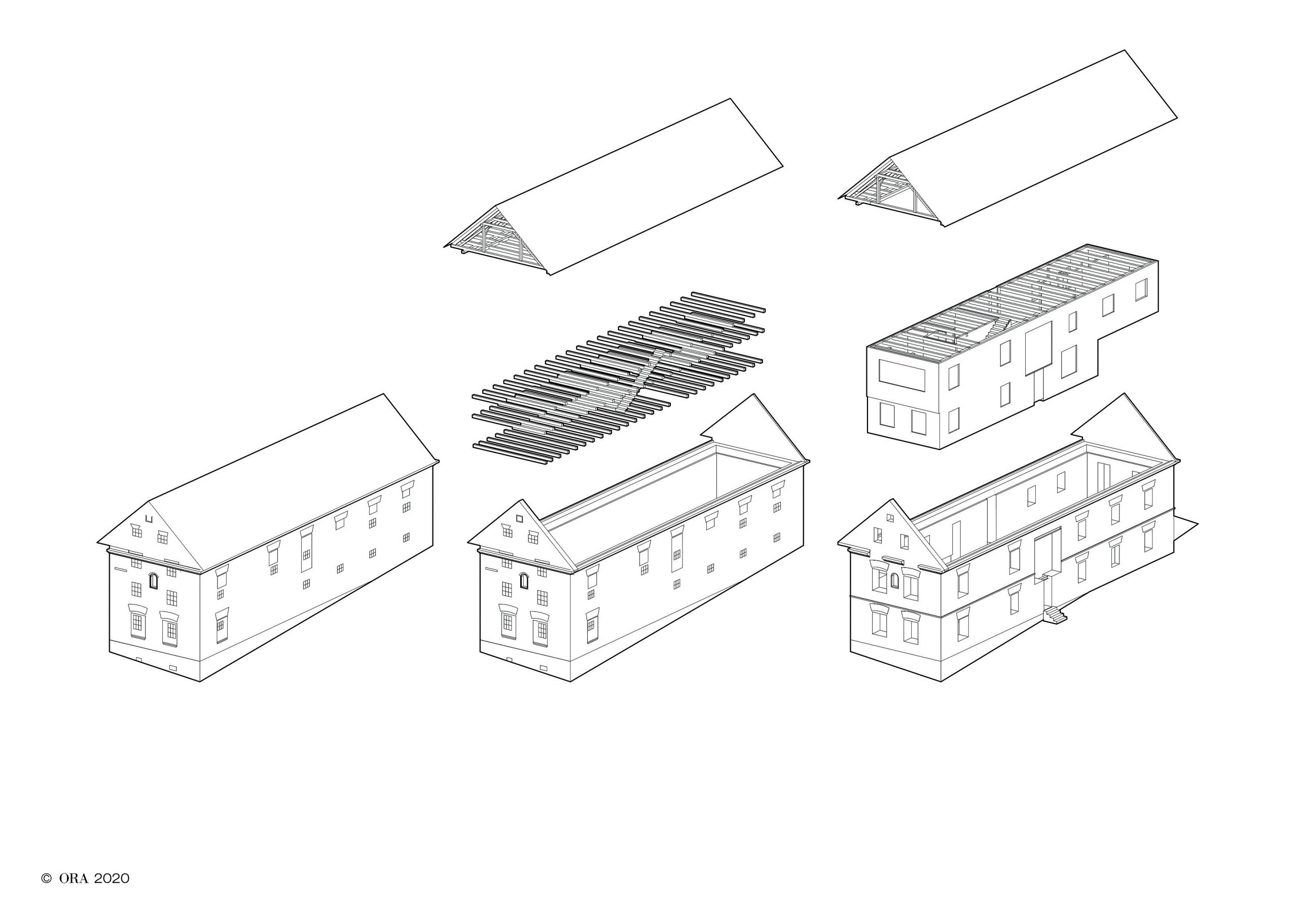 Diagram vestavby nového domu do původní usedlosti. Do stávající kulisy ruiny architekti vystavěli nový izolovaný dům, který splňuje všechny současné energetické standardy.