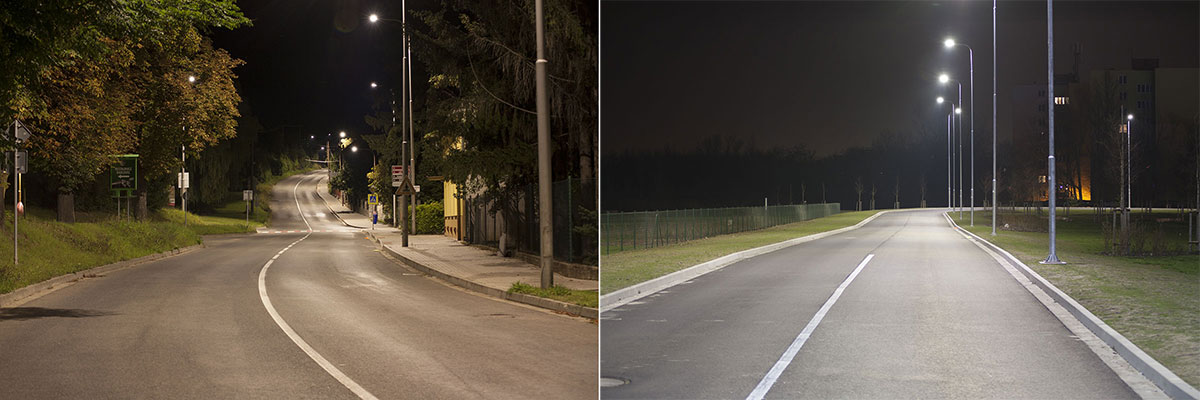 Komunikace osvětlená LED svítidly s náhradní teplotou chromatičnosti 3000 K (vlevo) a 4000 K (vpravo)