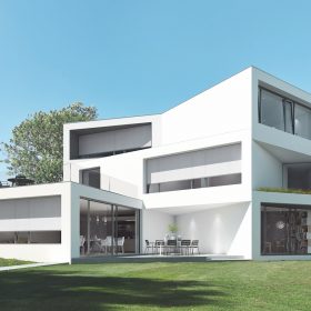 Vnější integrovaná sluneční clona Schüco AB ZDS je vysoce odolná vůči povětrnostním vlivům a větru a díky svým individuálním designovým možnostem ladí s jakýmkoli vzhledem fasády.