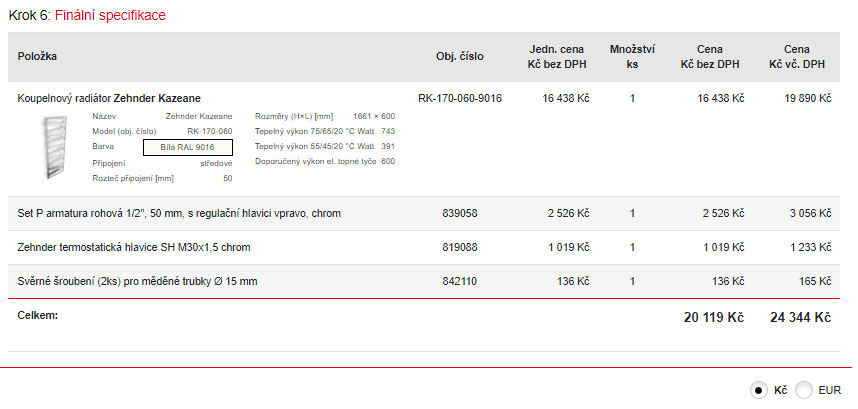 V posledním 6. kroku se Vám zobrazí finální specifikace Vámi konfigurovaného radiátoru, kterou si můžete stáhnout v Excelu nebo odeslat emailem.
