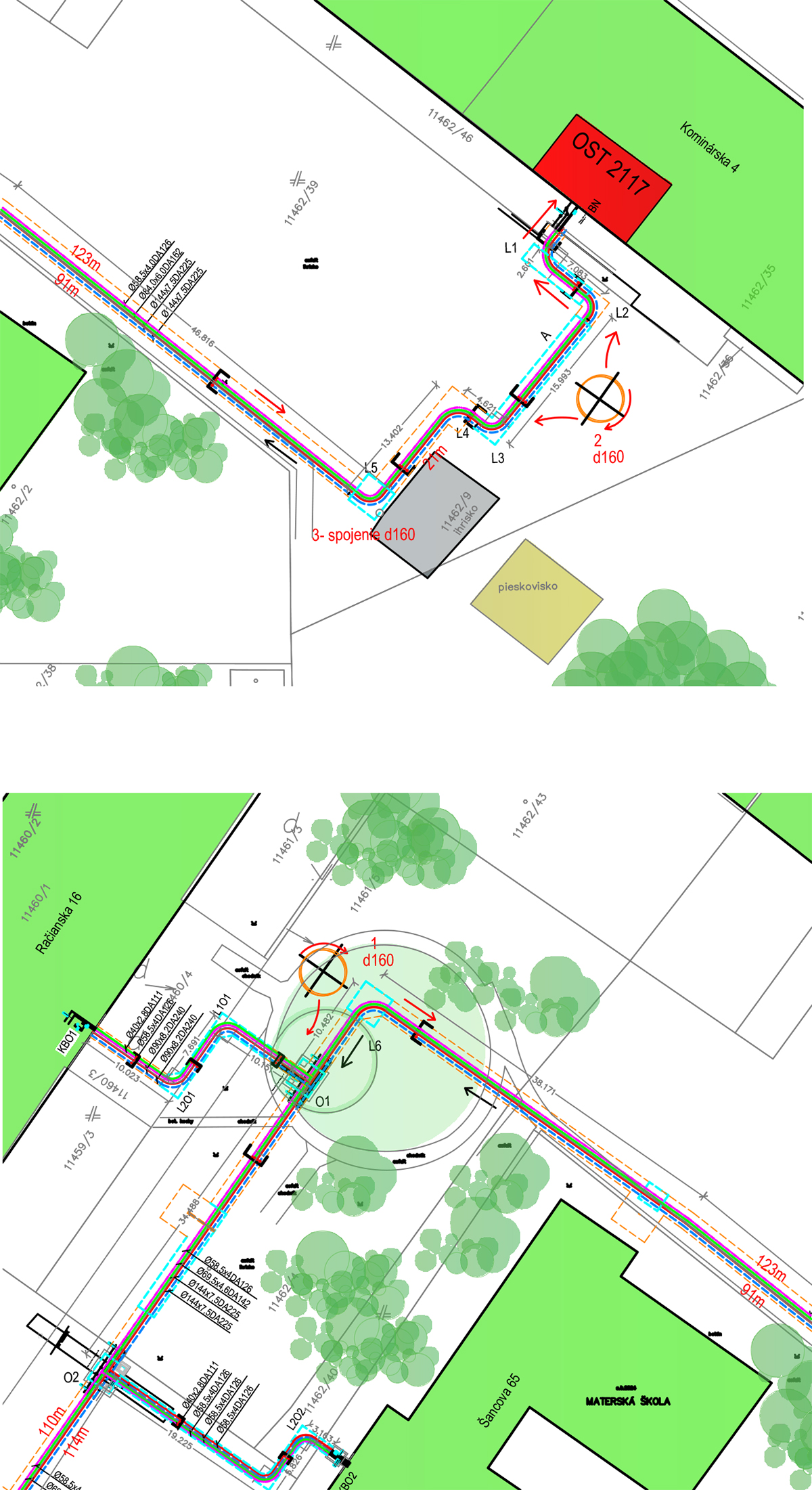 Detail z kladečského plánu při pokládce dimenze d160