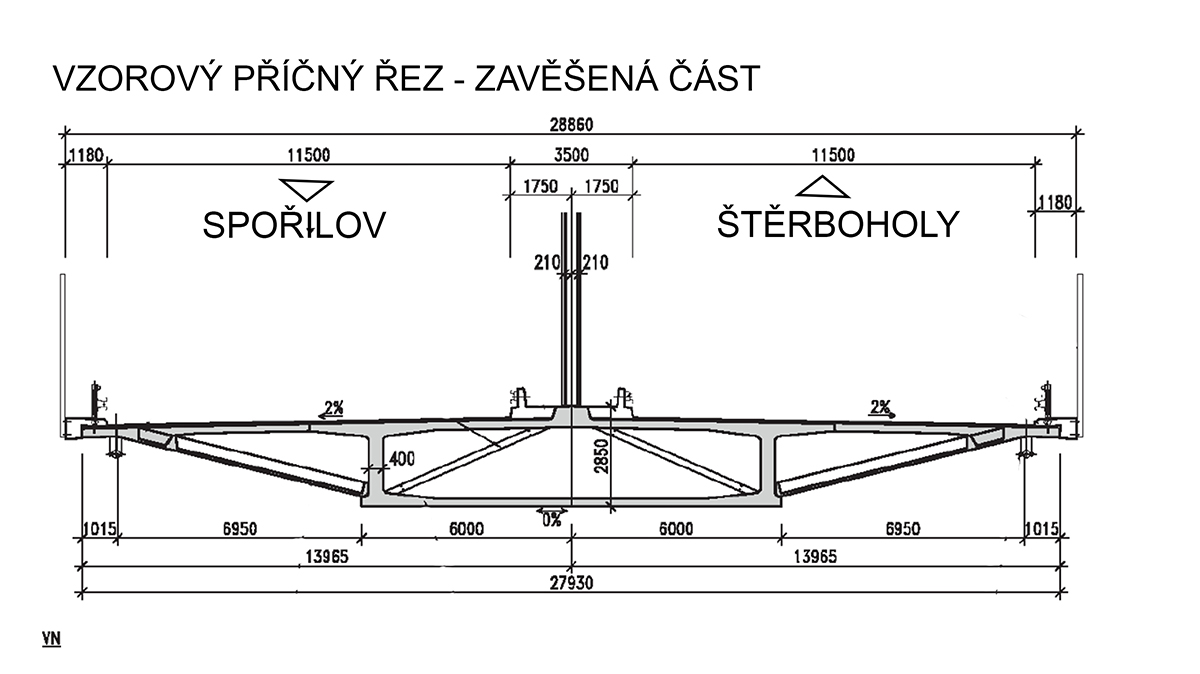 Obr. 3 Příčný řez zavěšenou částí mostu