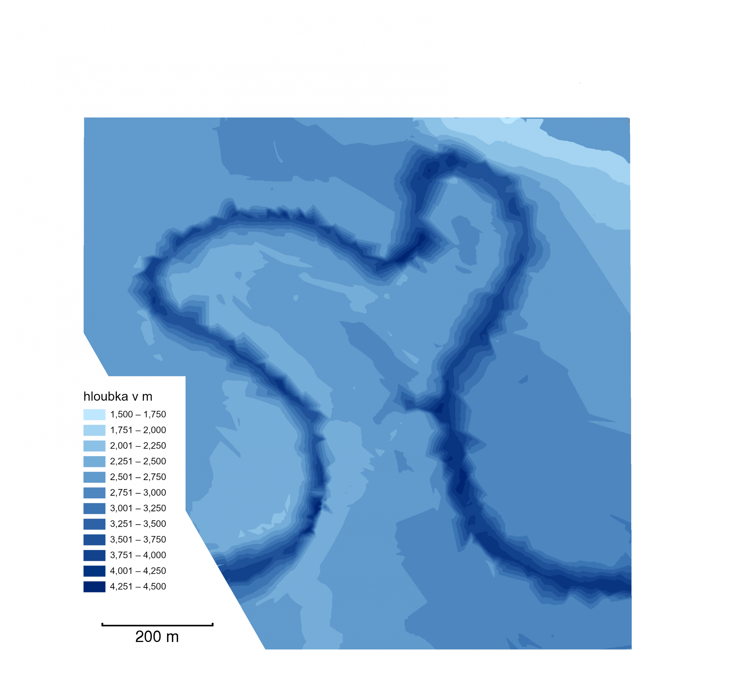 Výstup měření sonarem mapa hloubek vodní nádrže Lipno s patrným Srdcem Vltavy