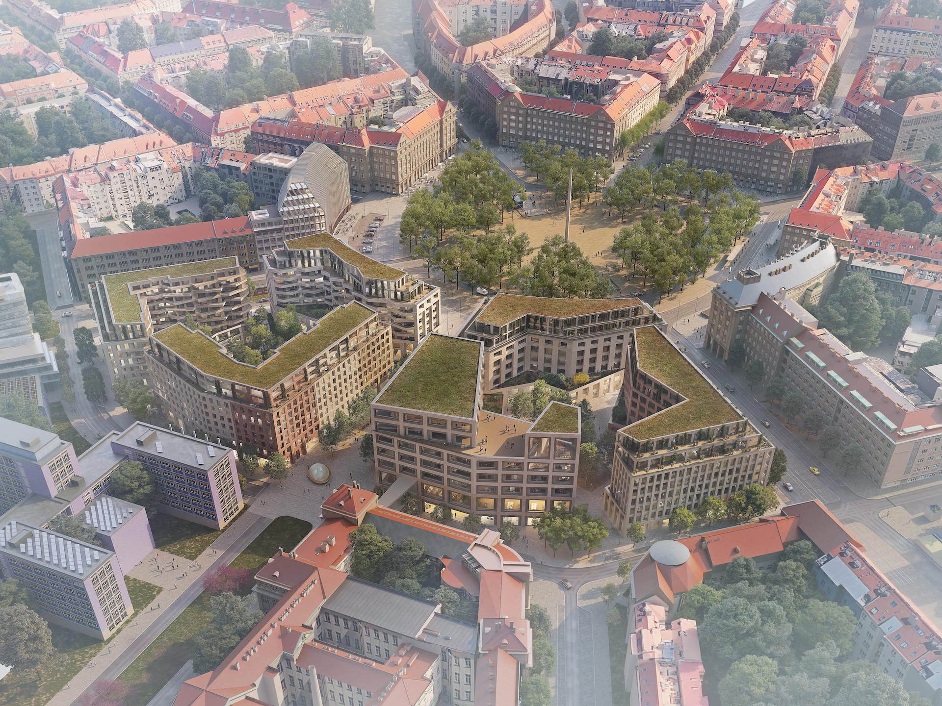 Ptačí pohled na dostavbu 4. kvadrantu, tým 15: Pavel Hnilička Architects+Planners (ČR) + Baumschlager Eberle Architects (A)