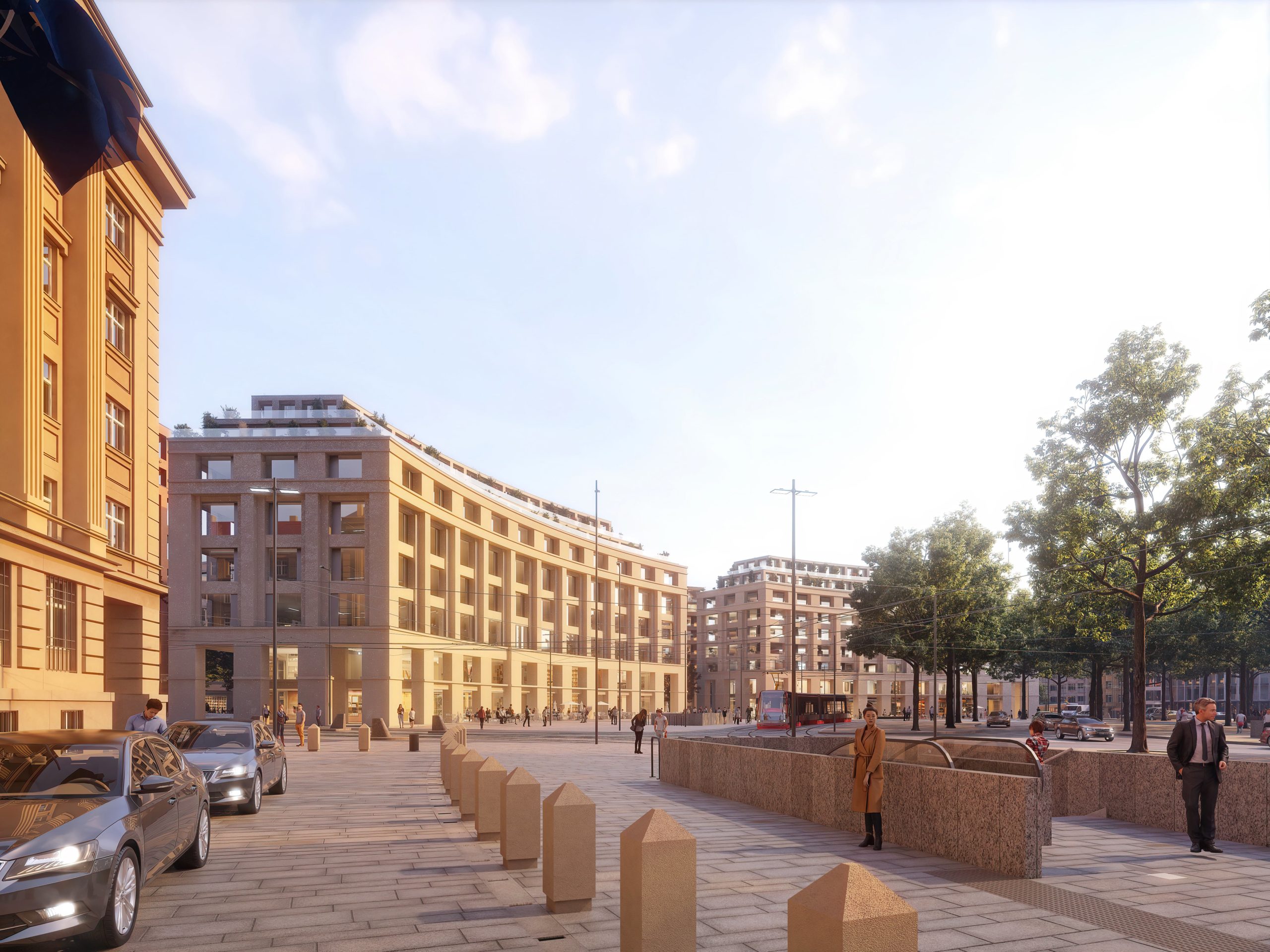 Vizualizace dostavby 4 kvadrantu při pohledu od Generálního štábu AČR, tým 15: Pavel Hnilička Architects+Planners (ČR) + Baumschlager Eberle Architects (A)