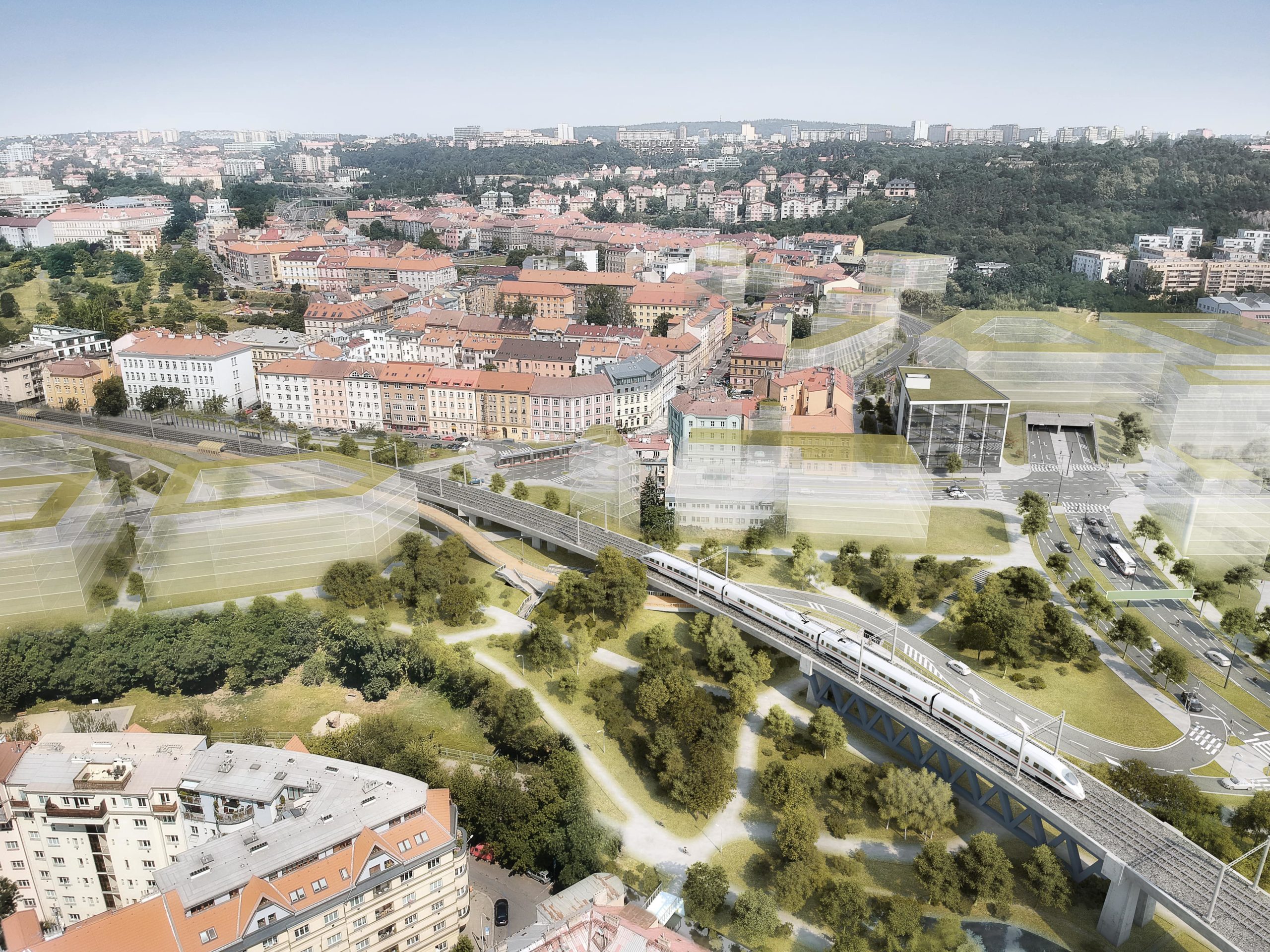 Oblast U Kříže, Horní Libeň – vizualizace řešení městského parteru, ulic Zenklova a Vosmíkových. Libeňská spojka je v této oblasti vedena v podzemních hloubených tunelech