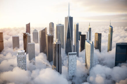 Skyscrapers,Over,The,Clouds.,3d,Illustration.