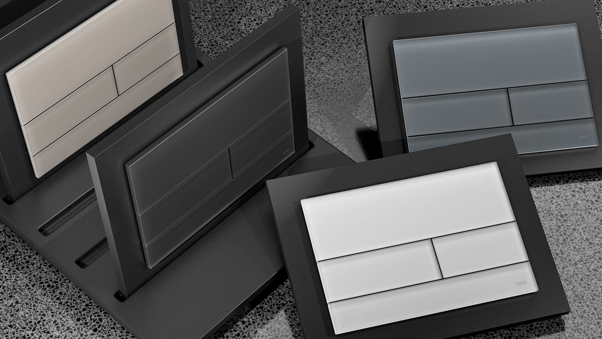 TECEsquare ovládací tlačítka toalety s povrchem saténové sklo v barvách: pískově béžová, černá, bílá a signální šedá