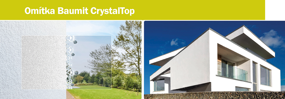 Moderní rodinný dům s fasádou Baumit CrystalTop – Odolná minerální omítka s krystalickým efektem zajišťuje dlouhotrvající čistotu a estetiku fasády.