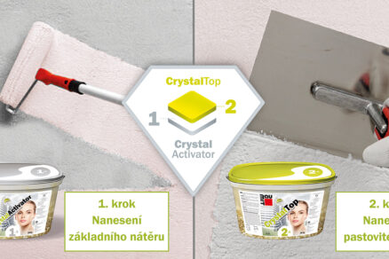 Dvoufázová aplikace systému Baumit CrystalSet, skládající se z podkladového nátěru CrystalActivator a pastovité omítky CrystalTop.