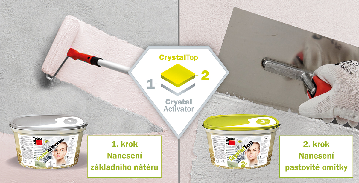 Dvoufázová aplikace systému Baumit CrystalSet, skládající se z podkladového nátěru CrystalActivator a pastovité omítky CrystalTop.