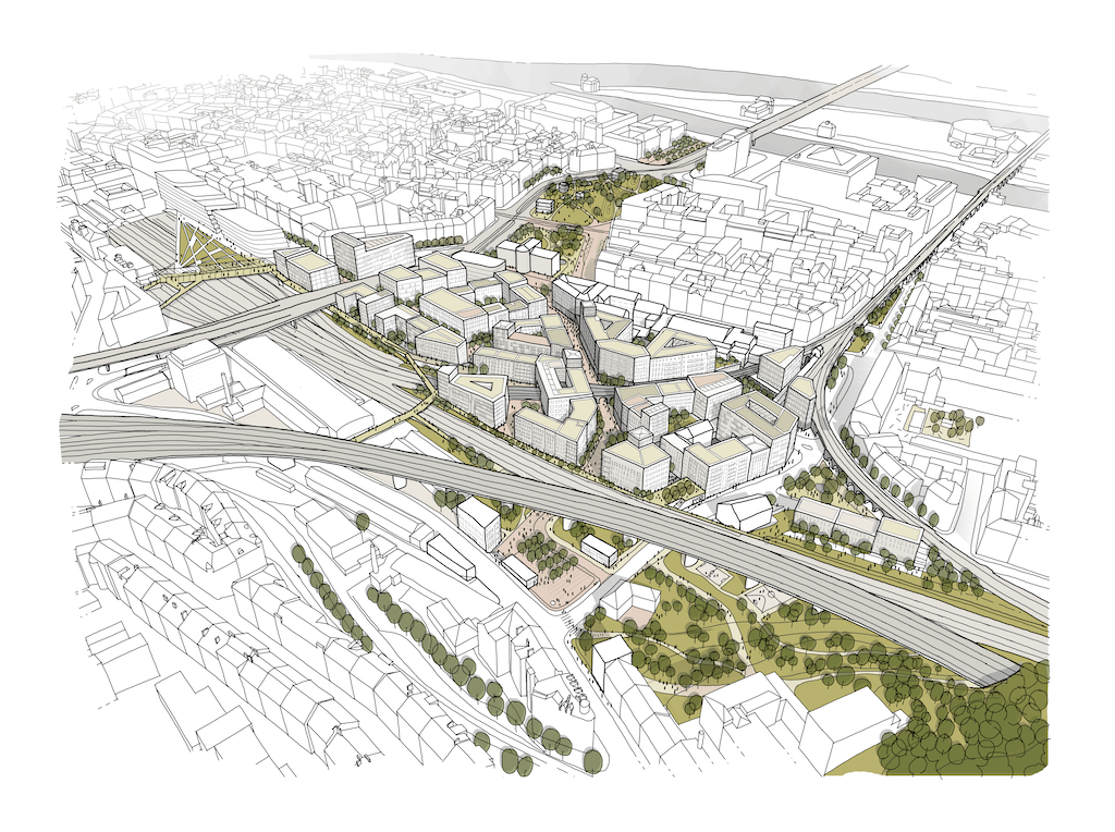 Florenc21: Etapa Západ, axonometrie-nadhled vítězné regulace nové čtvrti z urbanistické soutěže z roku 2021