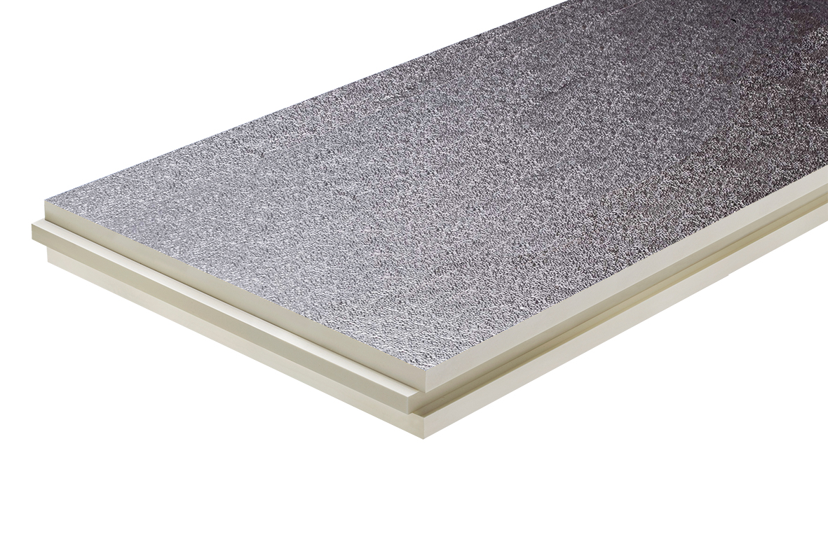 Detail izolační desky puren® Compact s povrchem z hliníkové fólie a perem-drážkou pro snadnou montáž