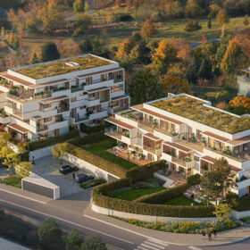 Vizualizace moderní Rezidence Bella Vista s exkluzivní architekturou a zelenými střechami v přírodní části Prahy