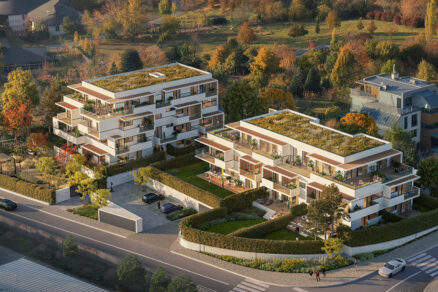 Vizualizace moderní Rezidence Bella Vista s exkluzivní architekturou a zelenými střechami v přírodní části Prahy
