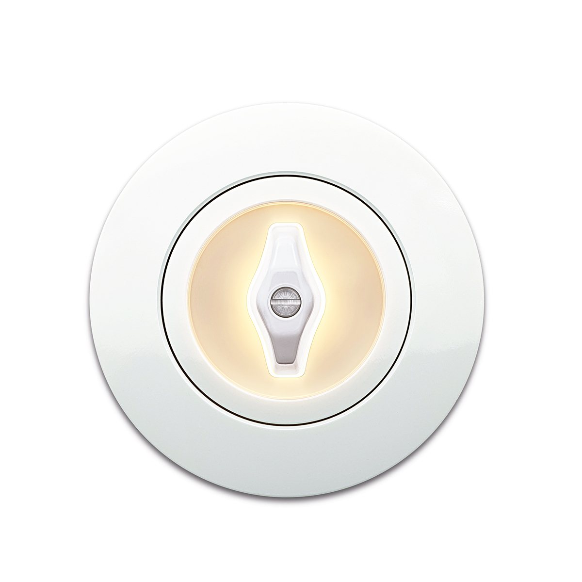 Bílý retro vypínač s LED podsvícením a jemně zaobleným designem z porcelánu