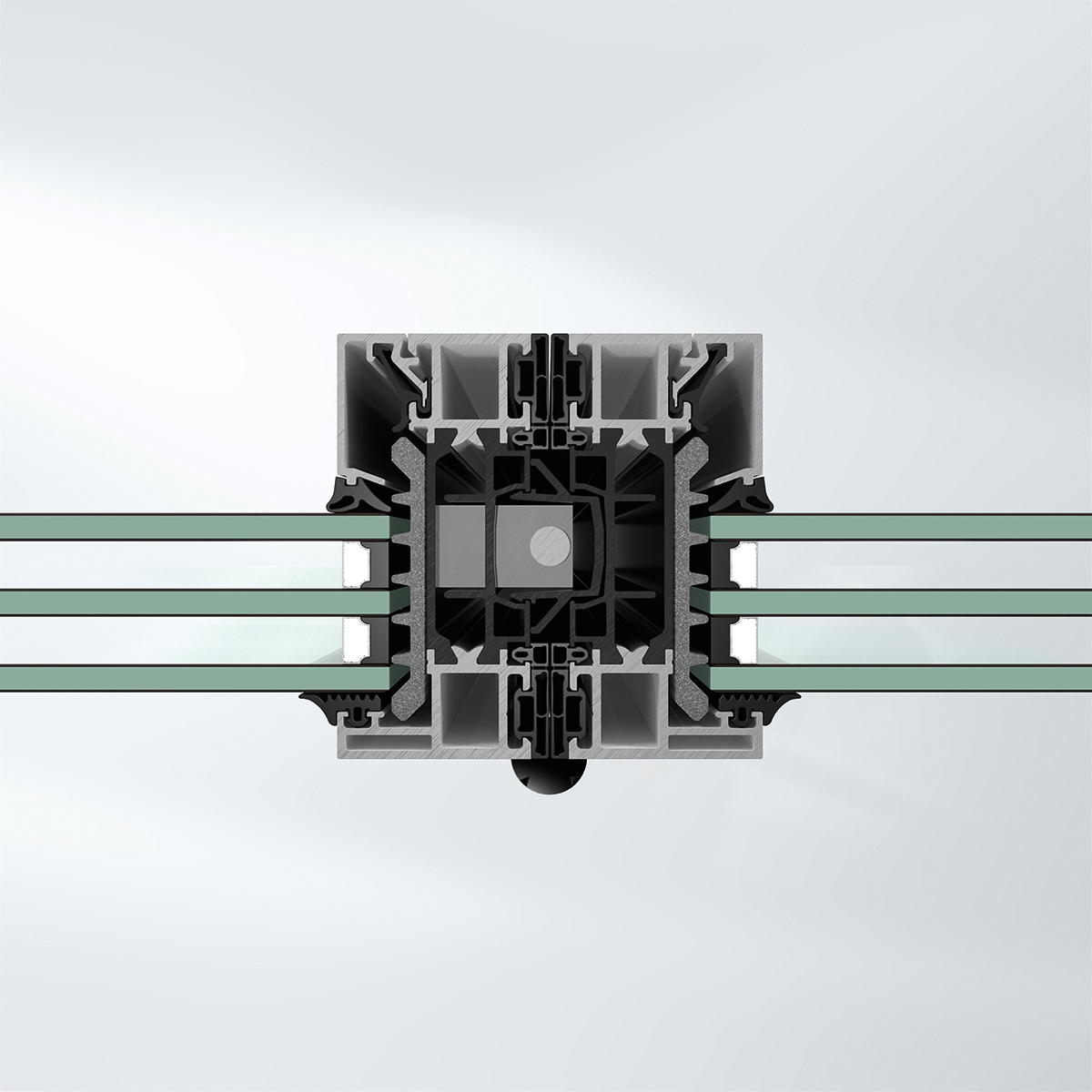 Schüco AS FD 90.HI (90 milimetrů, vysoká izolace, nepřerušovaný venkovní rám). 