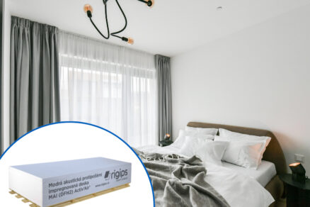 Ložnice s použitím modré akustické desky Rigips pro tiché a zdravé vnitřní prostředí