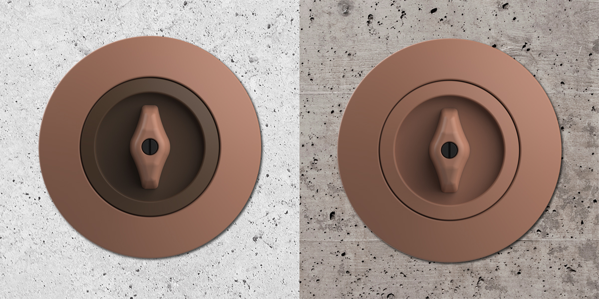 Ukázka ikonických řad vypínačů berker v trendové barvě Mocha Mousse. Elegantní odstín zvýrazňuje jedinečné linie jednotlivých modelů a přináší vizuální harmonii do každého interiéru – od moderního minimalismu až po retro inspirované prostory.