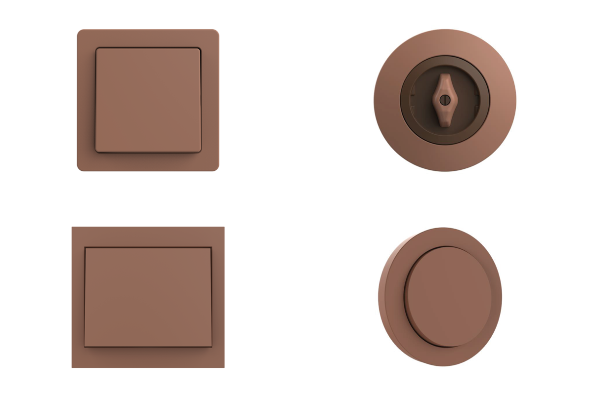 Ukázka ikonických řad vypínačů berker v trendové barvě Mocha Mousse. Elegantní odstín podtrhuje tvary jednotlivých modelů a nabízí harmonii pro každý interiér – od moderního po retro.
