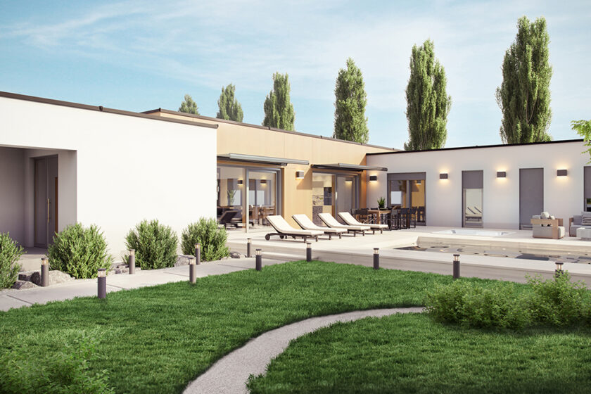 Moderní přízemní rodinný dům s velkoformátovými dřevohliníkovými okny a prosklenými HS portály propojujícími interiér se zahradou.