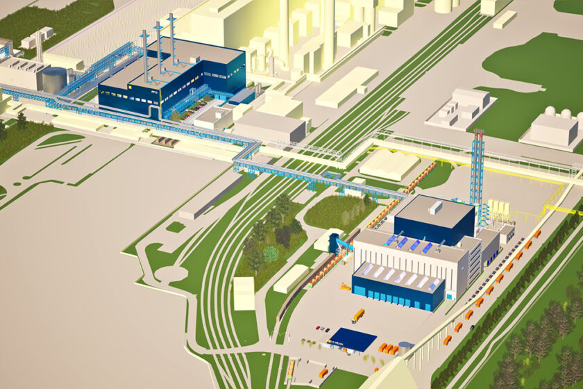 Vizualizace areálu nové paroplynové teplárny v Mělníku s napojením na stávající infrastrukturu.