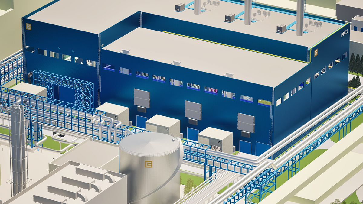 Detailní pohled na hlavní strojovnu nové paroplynové teplárny v Mělníku s plynovými turbínami a technologickým zázemím.