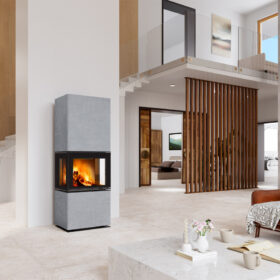 Moderní interiér s designovým krbem LERA od značky ROMOTOP s šedým obkladem THERMALINE.
