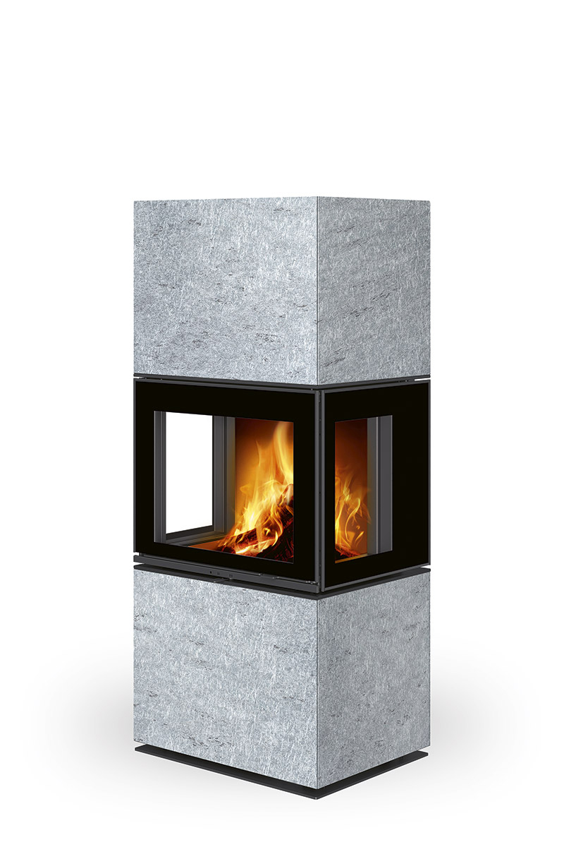 Designový krb LERA s šedým minerálním obkladem s jemnou strukturou.