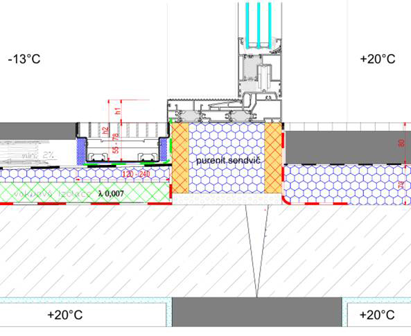 Detail stavebního připojení prahu s přerušením tepelného mostu pomocí Purenitu®