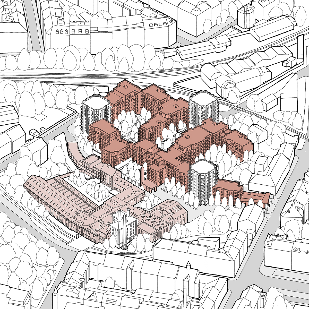 Spolupráce ateliérů vedla k vytvoření soudržného celku, který přemosťuje historický odkaz a současnou architekturu. 