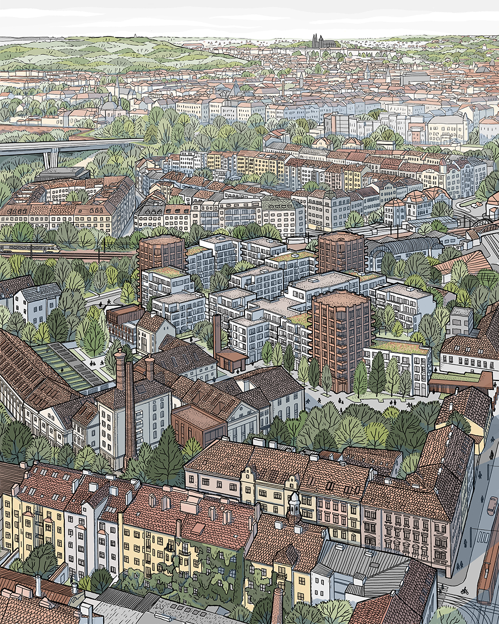 Projekt je příkladem současného přístupu, který místo rozšiřování do zelených ploch volí zahušťování městské struktury a kultivaci zanedbaných lokalit. 